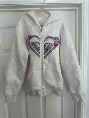 Roxy Light Heather Gray Zip Hoodie with Floral Heart